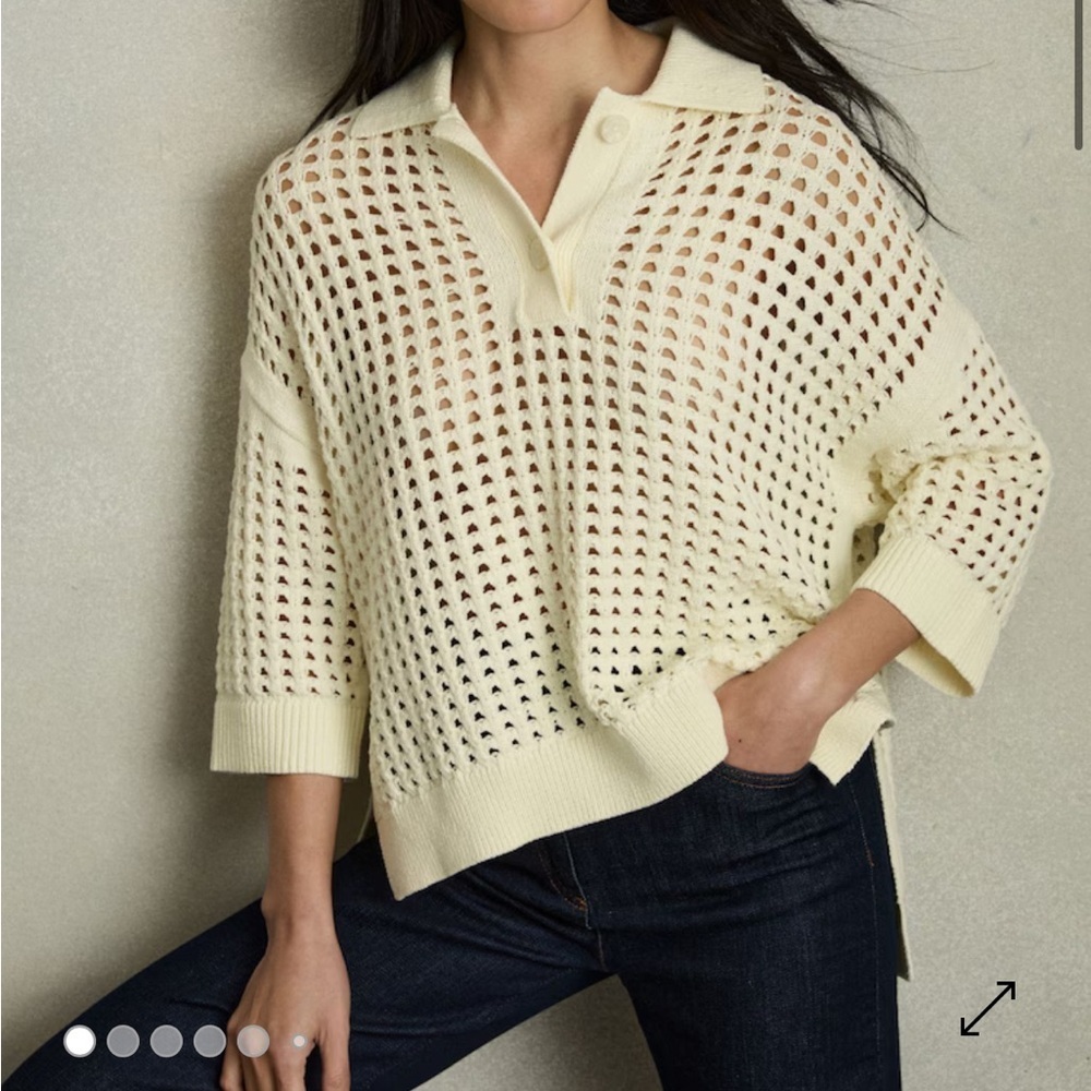 REISS Cotton Crochet Collared Jumper Buttermilk Sweater Ivory Sz am NEW